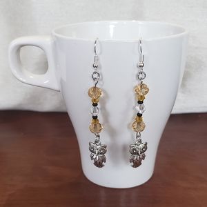 Owl Silver Earrings Gold Black & Clear Beading